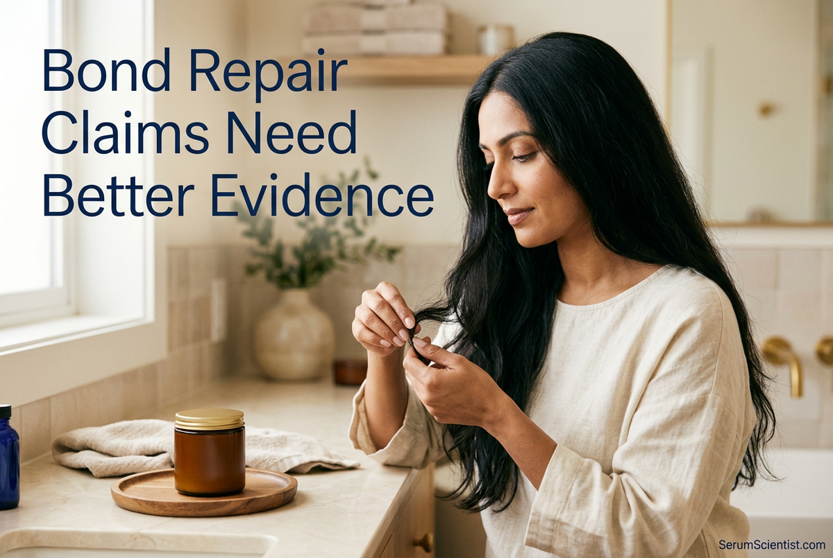 Woman examining her hair ends beside a cosmetic jar in a warmly lit bathroom, with Bond Repair Claims Need Better Evidence headline and SerumScientist.com branding.