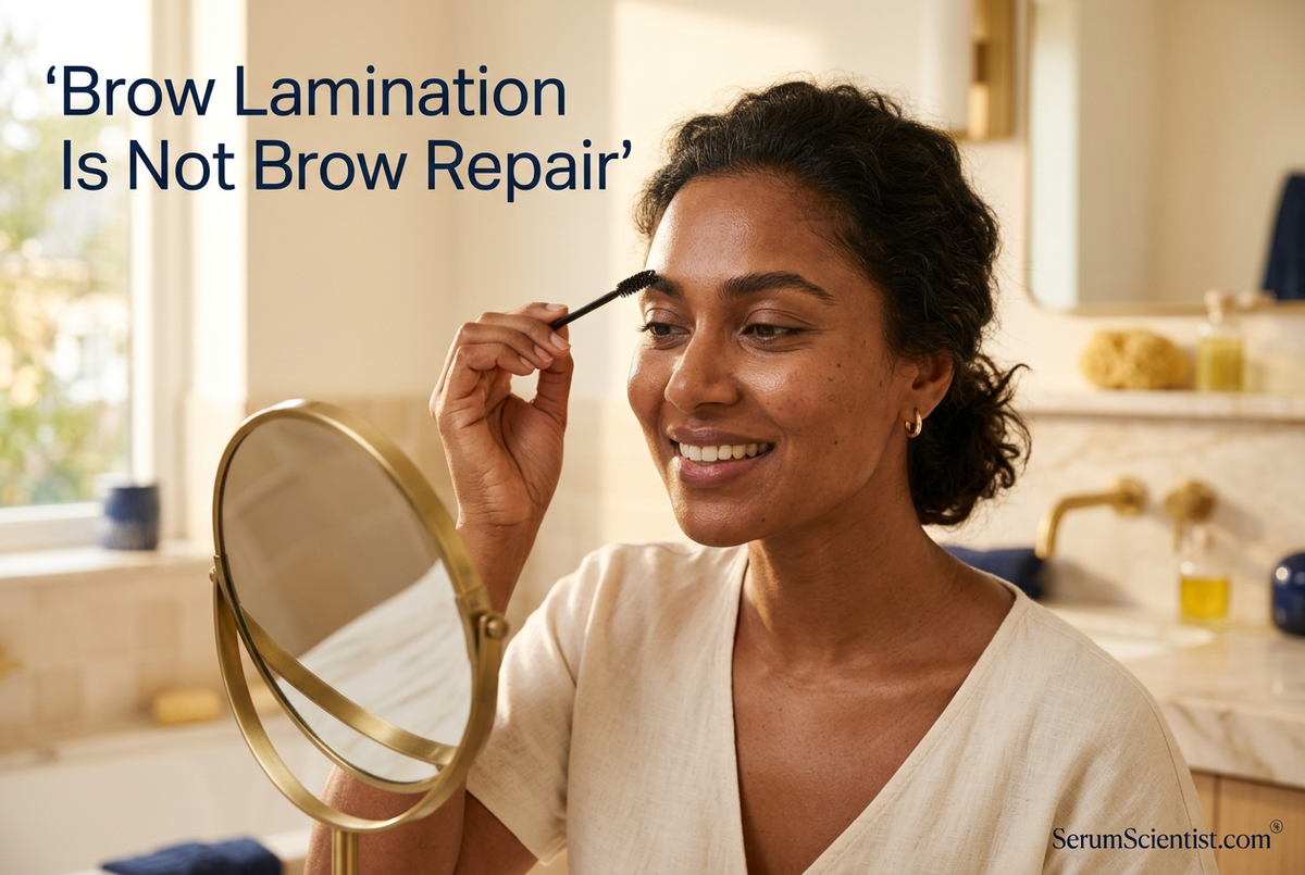 Woman grooming natural eyebrows with a spoolie in warm light; text reads Brow Lamination Is Not Brow Repair and SerumScientist.com.