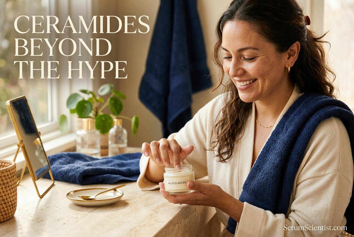 Woman taking moisturizer from a jar at a sunlit vanity with navy accents, Ceramides Beyond the Hype headline and SerumScientist.com branding.