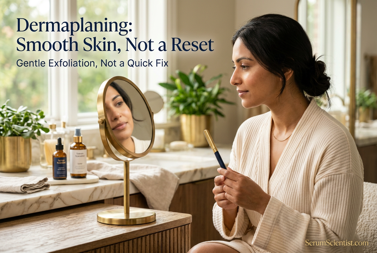 Woman holding a capped facial razor beside a mirror, with Dermaplaning: Smooth Skin, Not a Reset and SerumScientist.com branding.