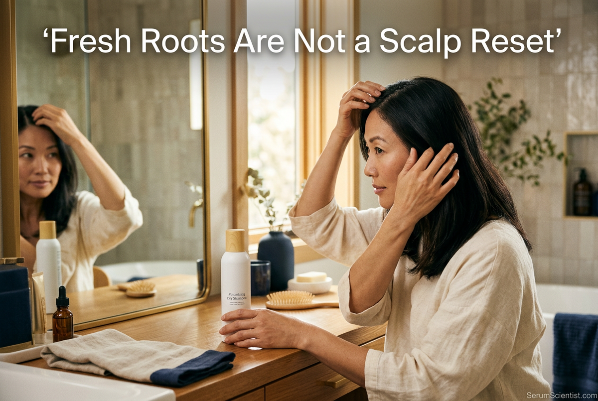 Woman inspecting her hair roots beside a closed dry-shampoo bottle, with Fresh Roots Are Not a Scalp Reset and SerumScientist.com branding.