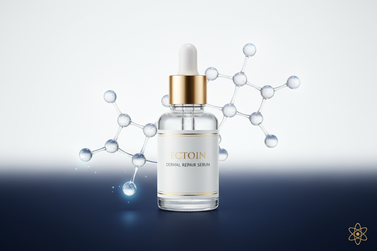 Ectoin molecular structure surrounded by organized water molecules — cellular protection science