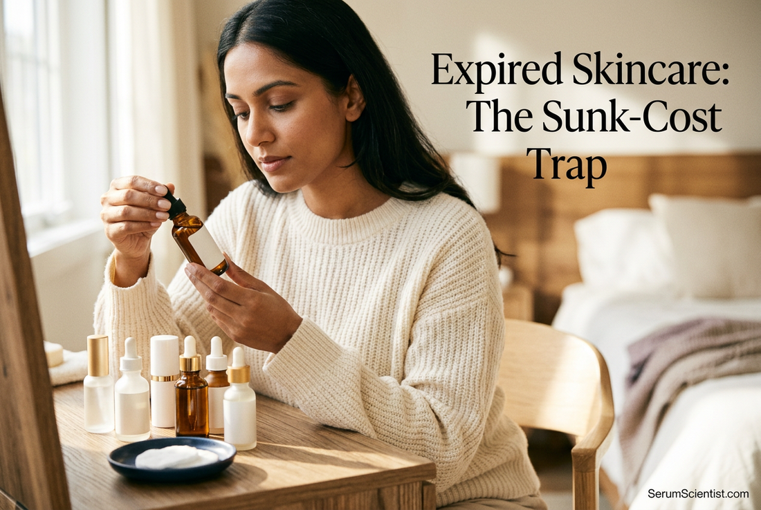 Woman sorting skincare bottles at a sunlit vanity with Expired Skincare: The Sunk-Cost Trap and SerumScientist.com branding.