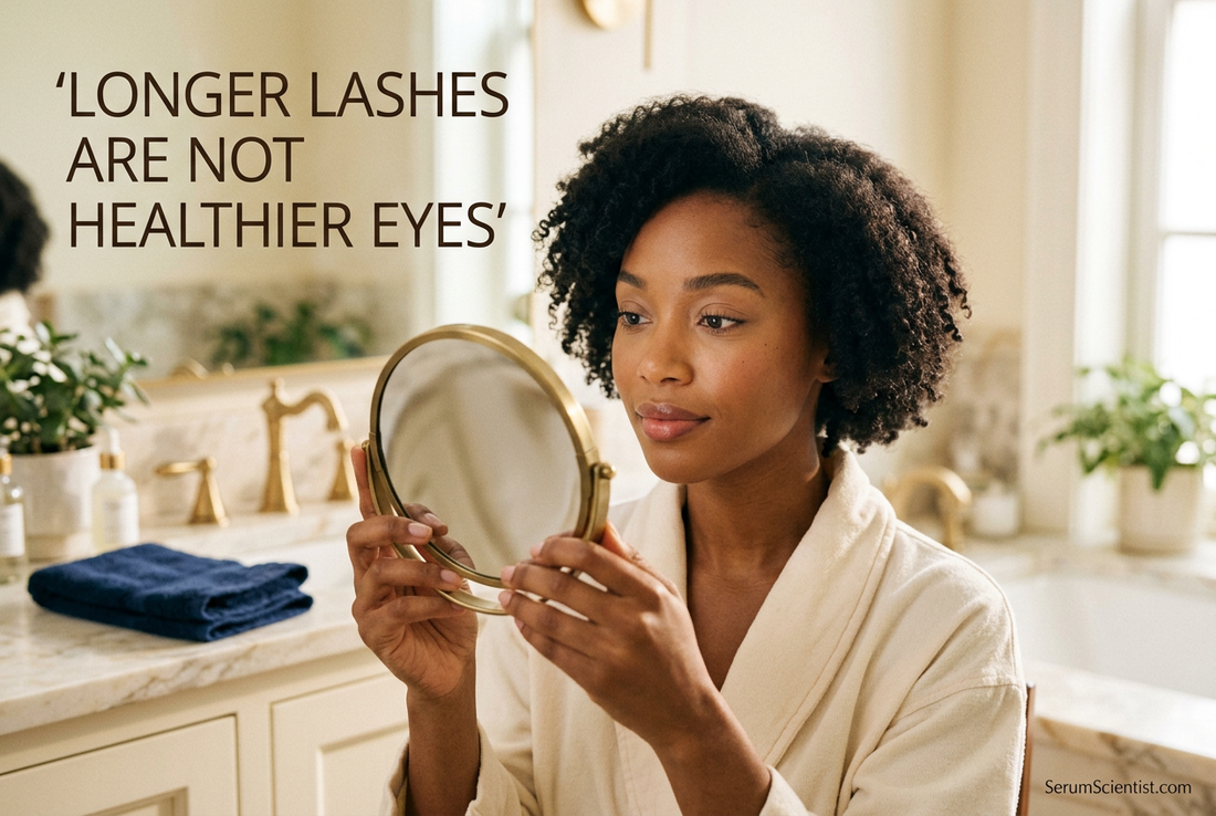 Woman examining her eyelashes in a mirror in warm light, with Longer Lashes Are Not Healthier Eyes and SerumScientist.com branding.
