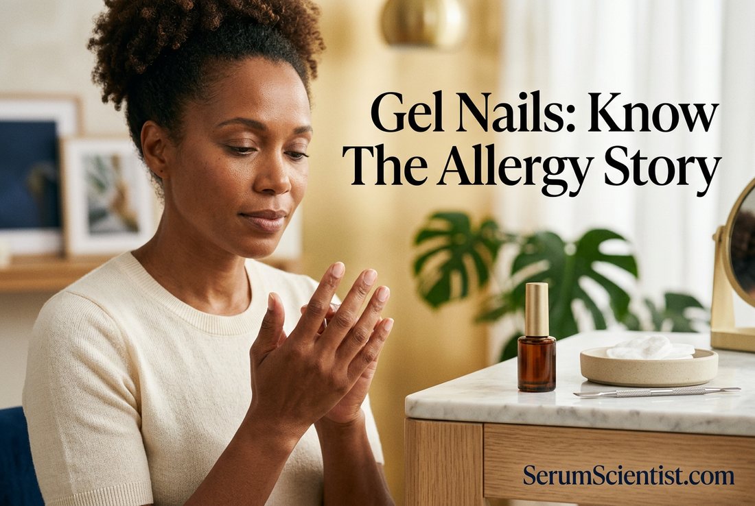 Woman examining her bare fingernails at a vanity beside a polish bottle; headline reads Gel Nails: Know The Allergy Story, with SerumScientist.com branding.