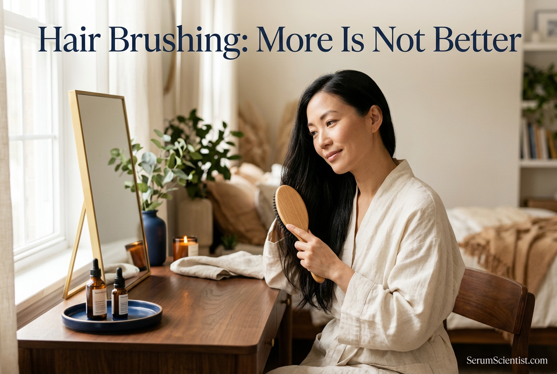 Woman holding a hairbrush beside her long hair at a warm cream vanity, with Hair Brushing: More Is Not Better and SerumScientist.com branding.