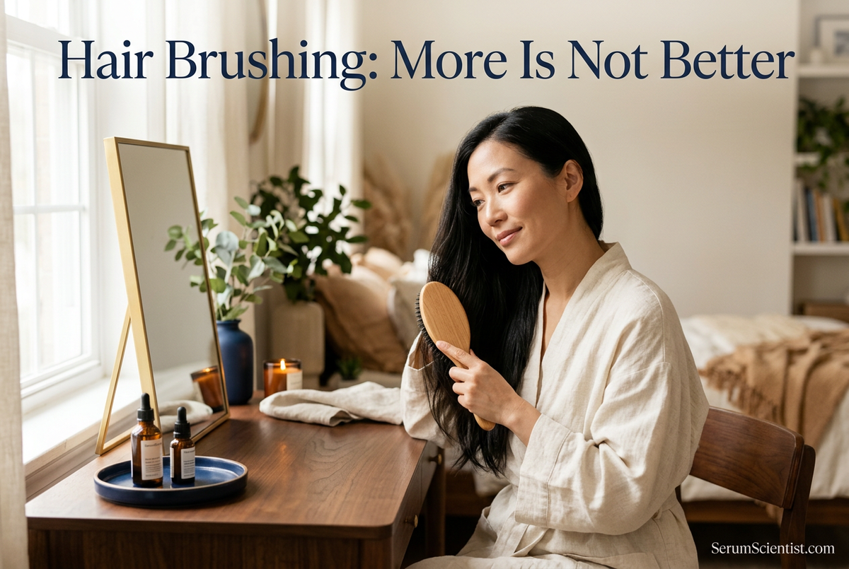 Woman holding a hairbrush beside her long hair at a warm cream vanity, with Hair Brushing: More Is Not Better and SerumScientist.com branding.