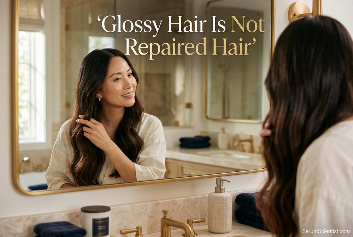 Woman smoothing her glossy long hair in a warmly lit bathroom mirror, with Glossy Hair Is Not Repaired Hair headline and SerumScientist.com branding.