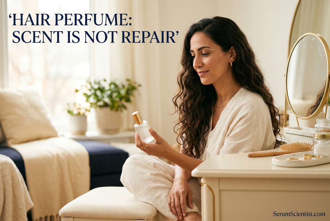Woman holding a fragrance bottle beside her hair, with Hair Perfume: Scent Is Not Repair and SerumScientist.com branding.