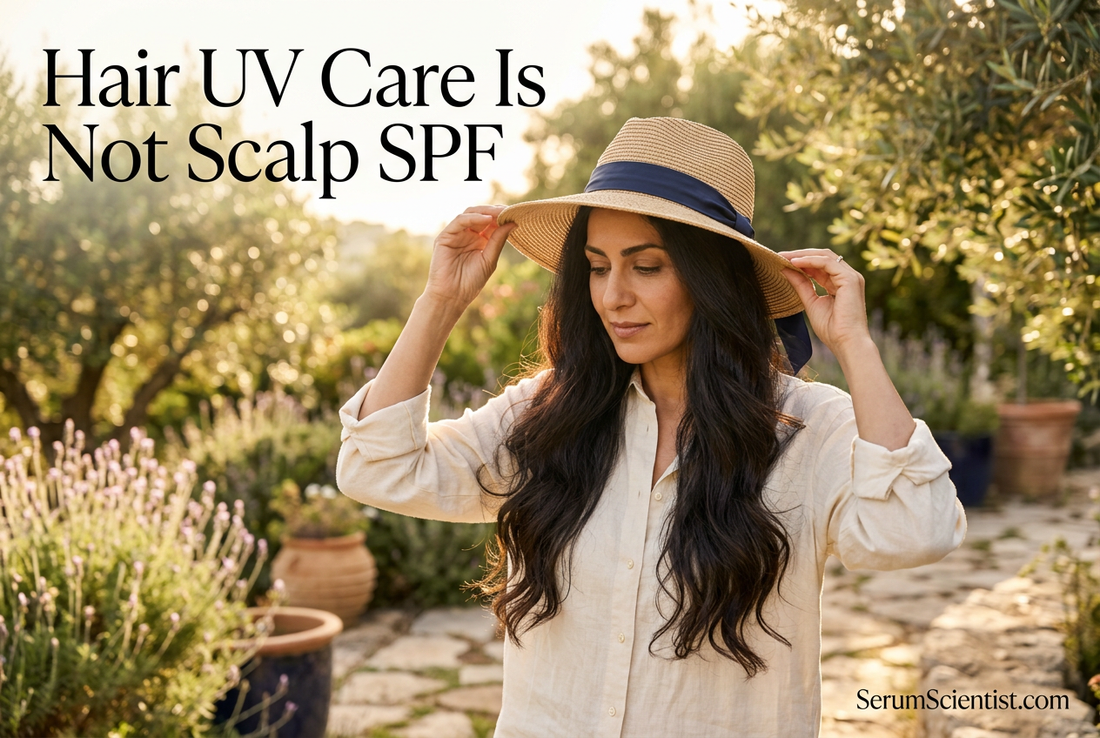 Woman placing a wide-brimmed hat over her long hair in a sunlit garden; headline reads Hair UV Care Is Not Scalp SPF, with SerumScientist.com branding.
