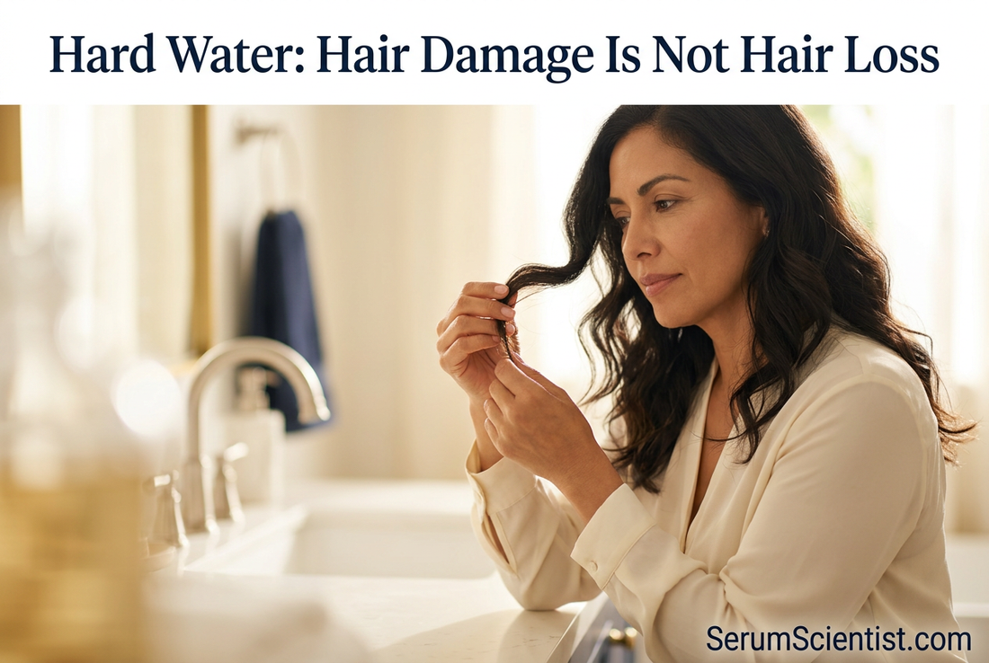Woman examining a lock of hair at a sunlit vanity with Hard Water: Hair Damage Is Not Hair Loss and SerumScientist.com branding.
