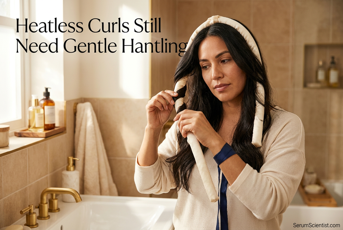 Woman loosely wrapping her hair around a heatless curling ribbon in a warmly lit bathroom. Heatless Curls Still Need Gentle Handling, SerumScientist.com.