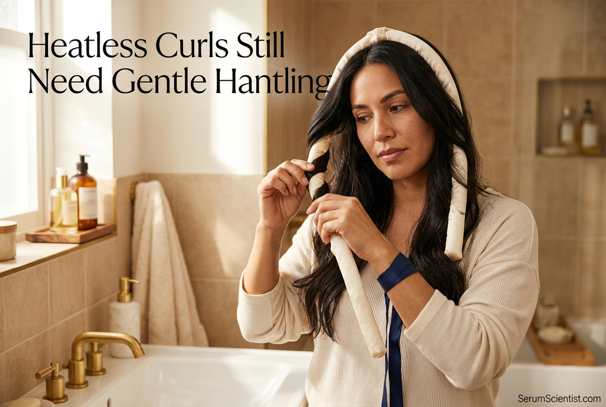 Woman loosely wrapping her hair around a heatless curling ribbon in a warmly lit bathroom. Heatless Curls Still Need Gentle Handling, SerumScientist.com.
