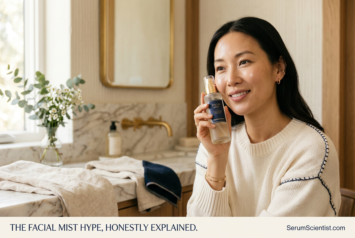 Woman holding a facial mist in a warmly lit bathroom, with SerumScientist.com branding.