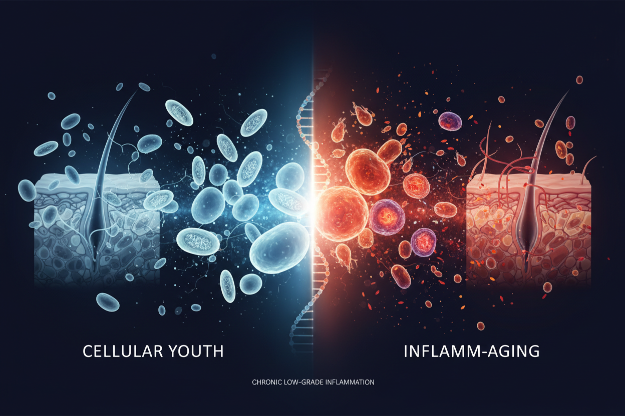 Inflammaging Decoded: How Chronic Low-Grade Inflammation Is the Master Driver of Skin Aging, Hair Loss, and Biological Age