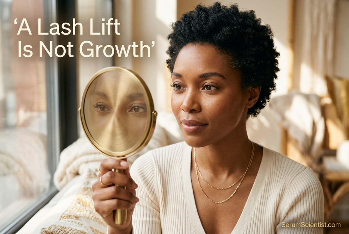 Black woman examining her eyelashes in a handheld mirror, with A Lash Lift Is Not Growth and SerumScientist.com branding.