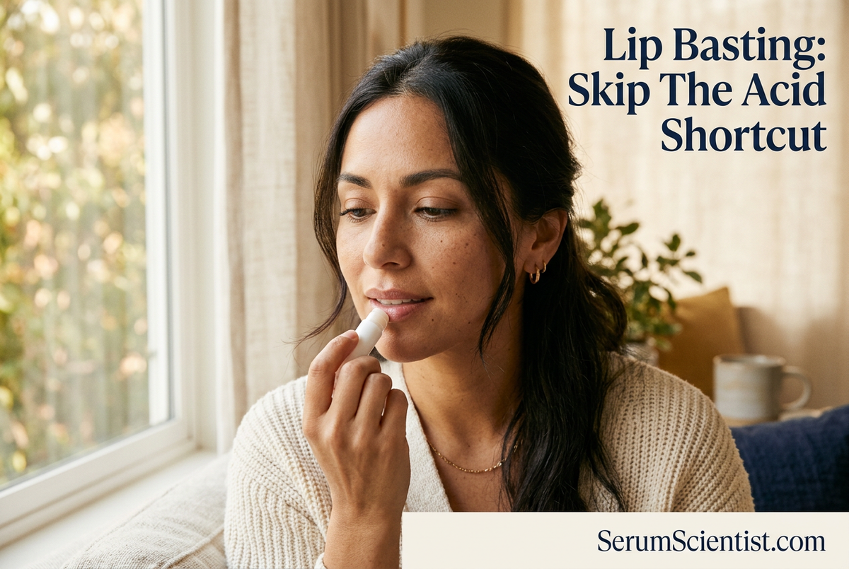 Woman applying lip balm, with Lip Basting: Skip The Acid Shortcut and SerumScientist.com branding.