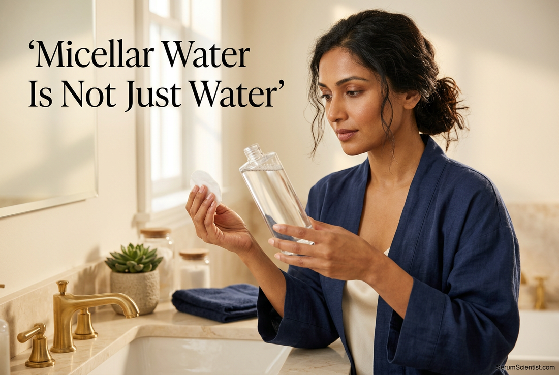 Woman holding a cotton pad and clear cleansing-water bottle beside a bathroom sink, with Micellar Water Is Not Just Water headline and SerumScientist.com branding.