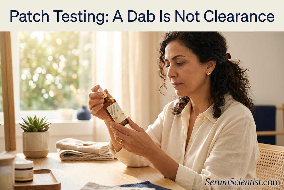 Woman reading a skincare bottle label at a sunlit vanity, with Patch Testing: A Dab Is Not Clearance and SerumScientist.com branding.