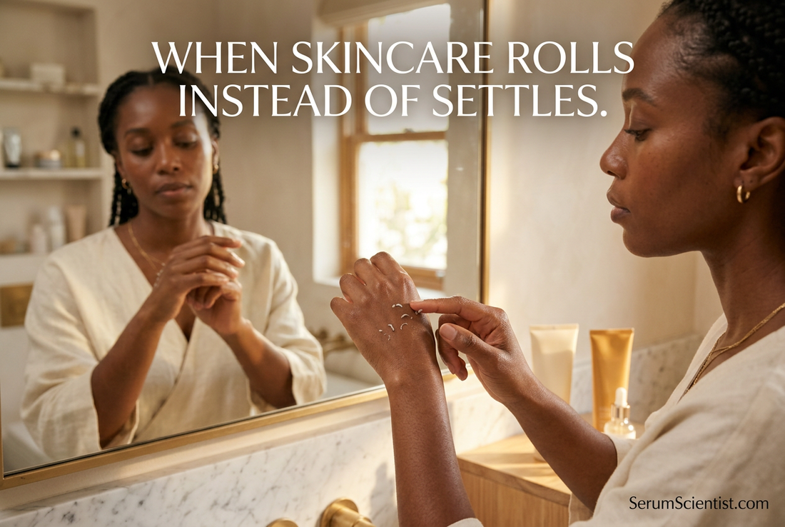 Woman examining rolled cosmetic flakes on her hand in a warmly lit bathroom, with SerumScientist.com branding.