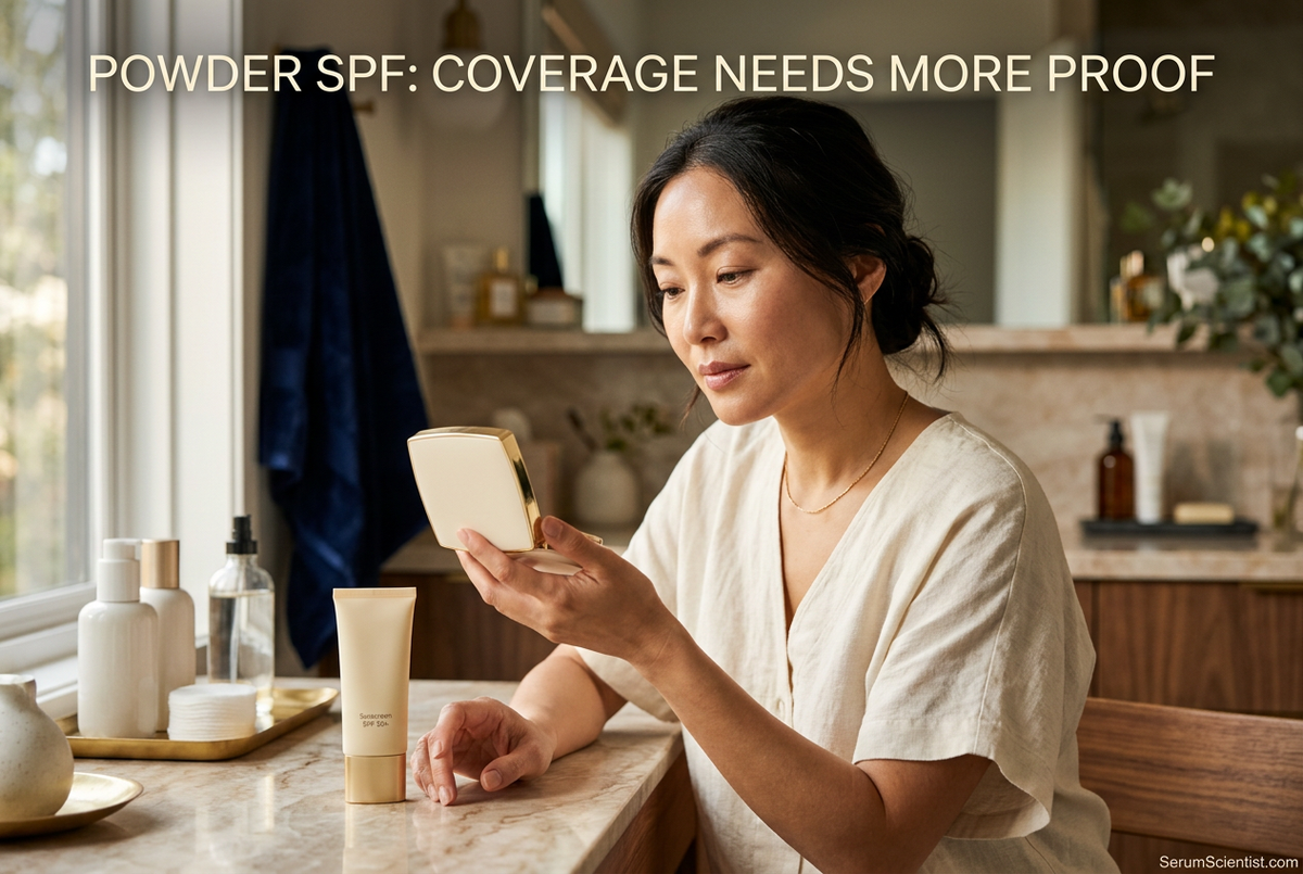 Woman looking at a makeup compact beside a sunscreen tube; headline reads Powder SPF: Coverage Needs More Proof, with SerumScientist.com branding.