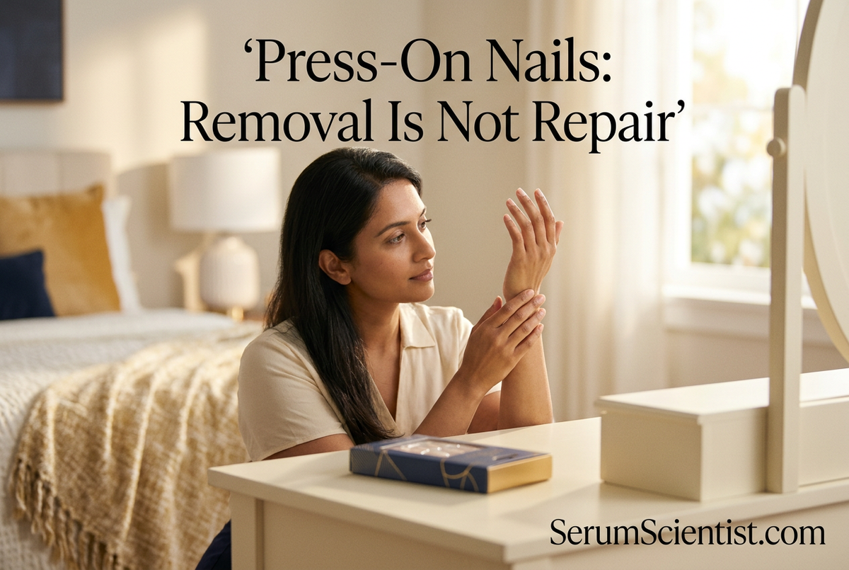 Woman examining her bare fingernails at a dressing table, with Press-On Nails: Removal Is Not Repair and SerumScientist.com branding.