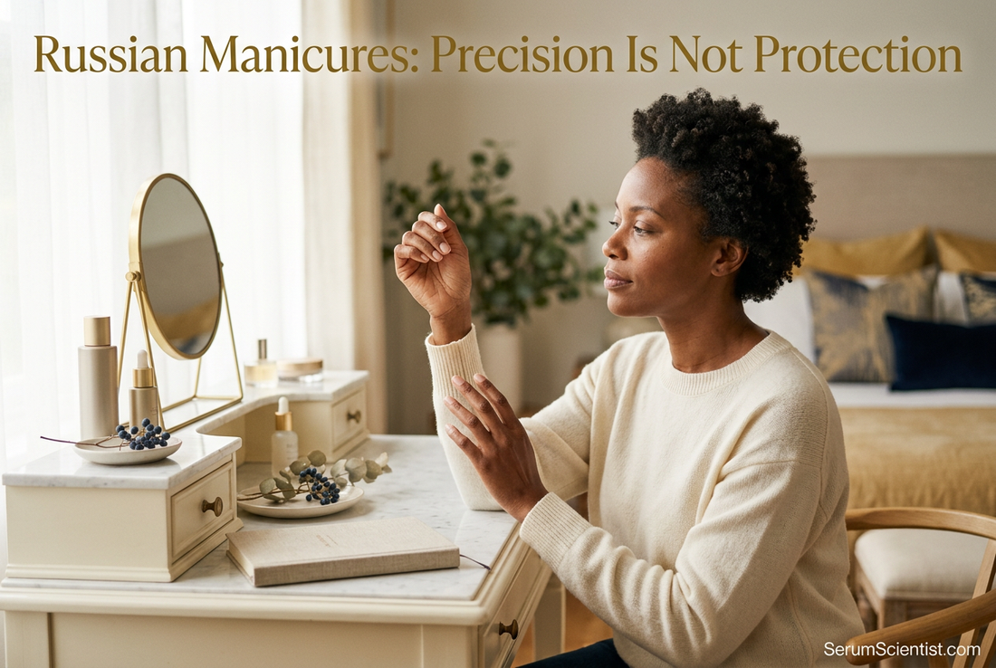 Woman inspecting her natural fingernails at a cream vanity, with Russian Manicures: Precision Is Not Protection and SerumScientist.com branding.