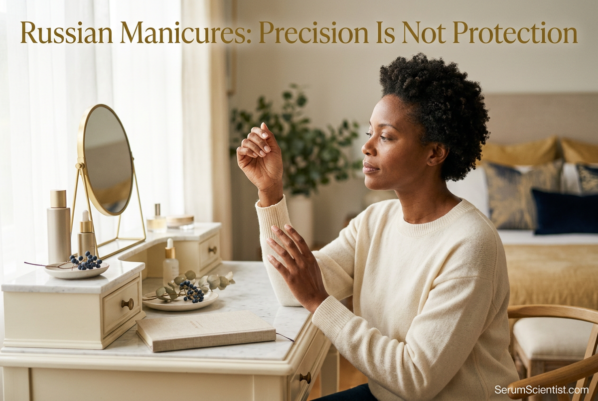 Woman inspecting her natural fingernails at a cream vanity, with Russian Manicures: Precision Is Not Protection and SerumScientist.com branding.