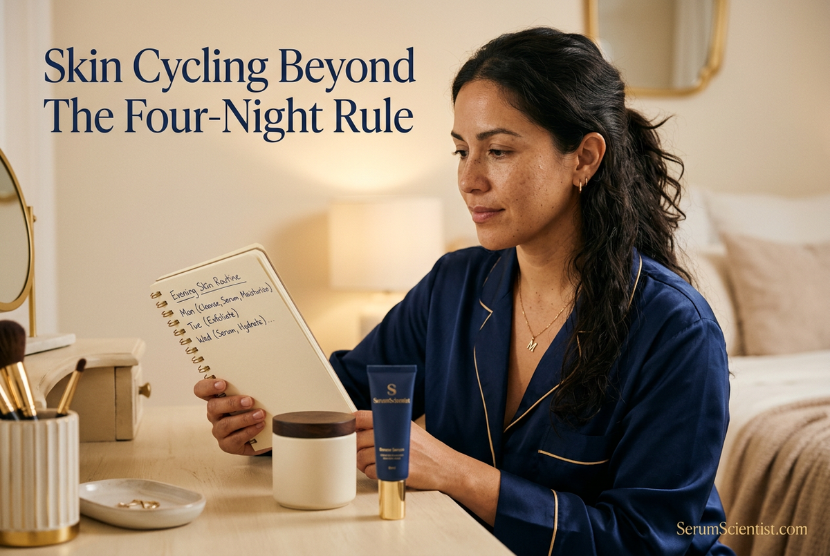 Woman reviewing an evening skincare planner at a cream vanity with navy and gold accents, Skin Cycling Beyond the Four-Night Rule headline and SerumScientist.com branding.