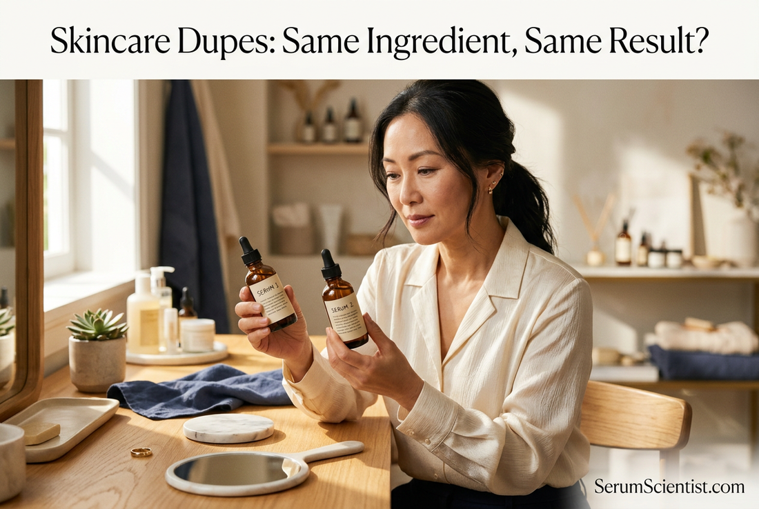 Woman comparing serum bottles at a sunlit vanity with Skincare Dupes: Same Ingredient, Same Result? and SerumScientist.com branding.