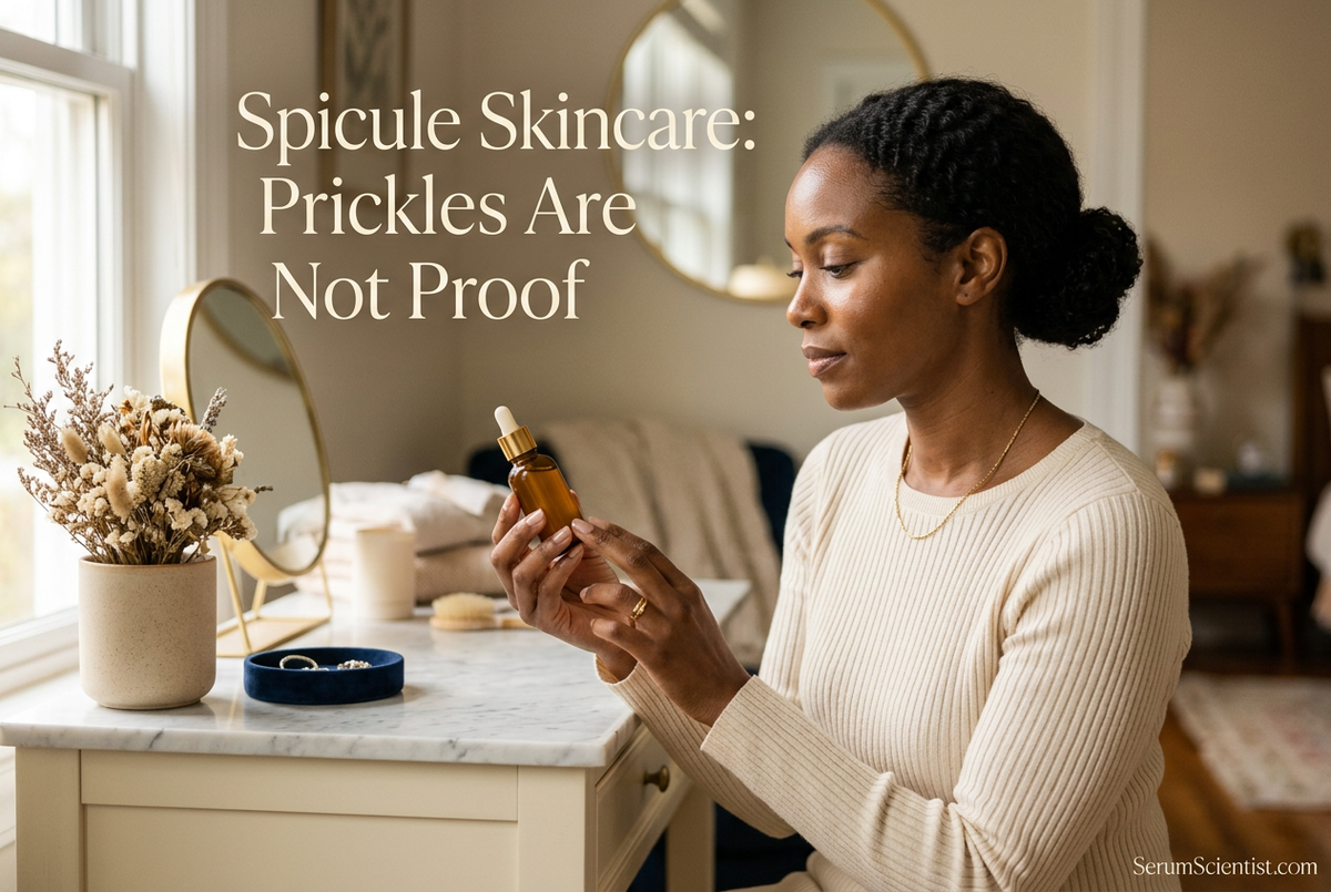 Woman examining a skincare bottle, with Spicule Skincare: Prickles Are Not Proof and SerumScientist.com branding.