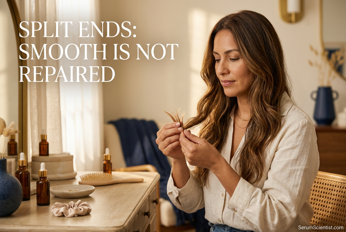 Woman gently inspecting the ends of her hair in warm natural light, with Split Ends: Smooth Is Not Repaired and SerumScientist.com branding.