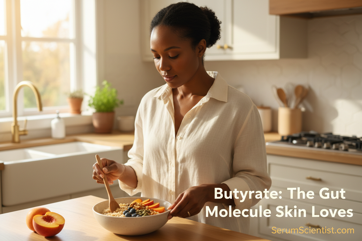 Black woman preparing a fiber-rich breakfast bowl in a bright kitchen, with SerumScientist.com branding