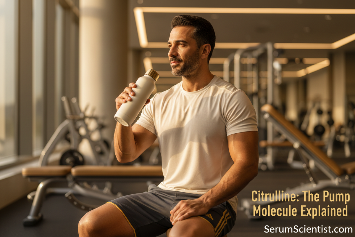 Middle Eastern man in a modern gym holding a water bottle mid-workout, with SerumScientist.com branding