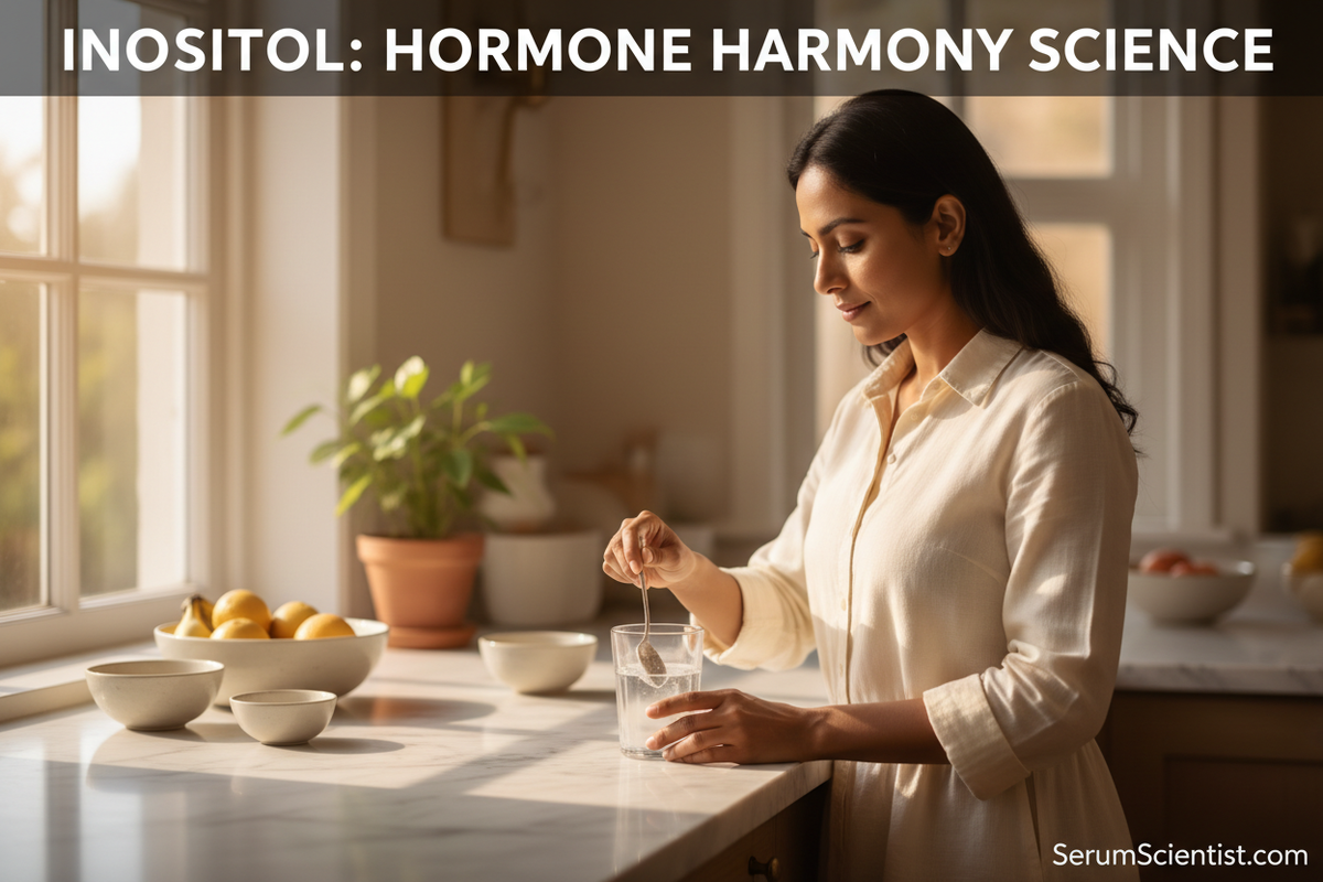 South Asian woman stirring inositol supplement powder into a glass of water in a sunlit kitchen, with SerumScientist.com branding