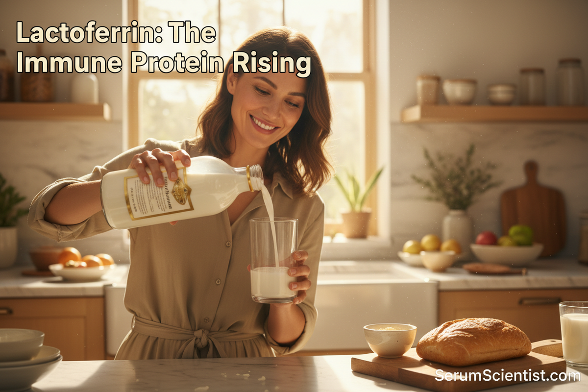 Latina woman pouring fresh milk in a sunlit kitchen, with SerumScientist.com branding