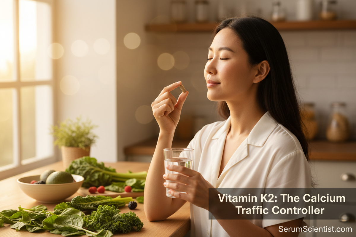 East Asian woman taking a daily vitamin K2 supplement with a glass of water and leafy greens nearby, with SerumScientist.com branding