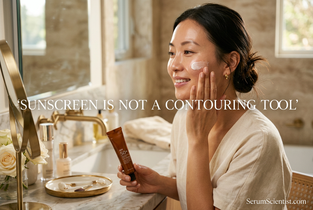 Woman applying sunscreen evenly to her cheek, with Sunscreen Is Not A Contouring Tool and SerumScientist.com text.