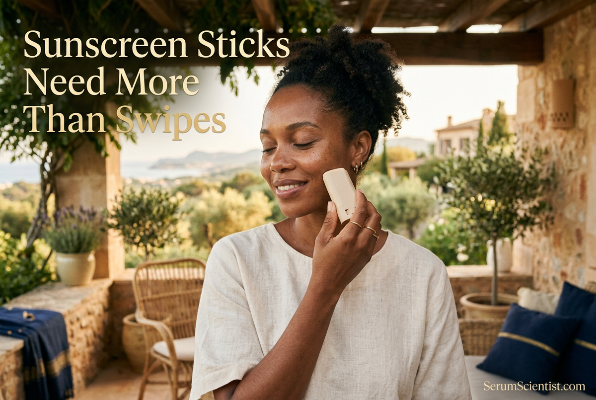 Woman holding an unbranded sunscreen stick beside her cheek on a shaded terrace, with Sunscreen Sticks Need More Than Swipes headline and SerumScientist.com branding.
