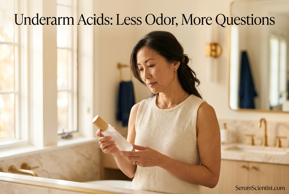 Woman considering a skincare bottle at a vanity, with Underarm Acids: Less Odor, More Questions and SerumScientist.com branding.