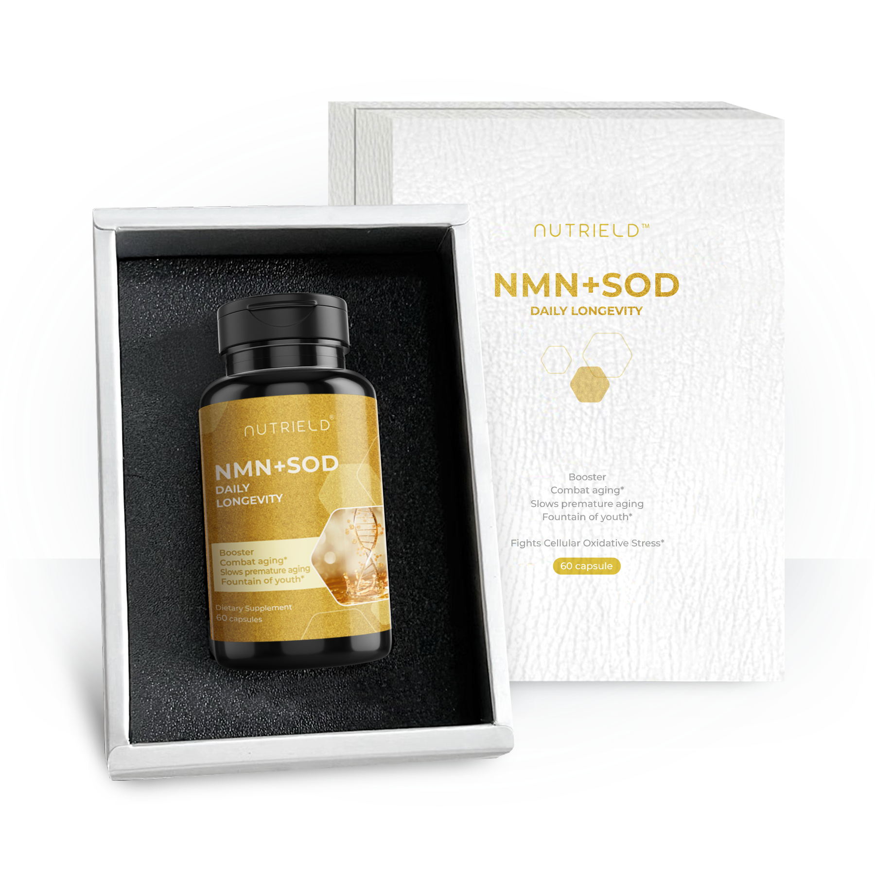 nuTRIELD NMN+SOD 3-in-1 — Yeast-Derived β-NMN, SOD & Pterostilbene