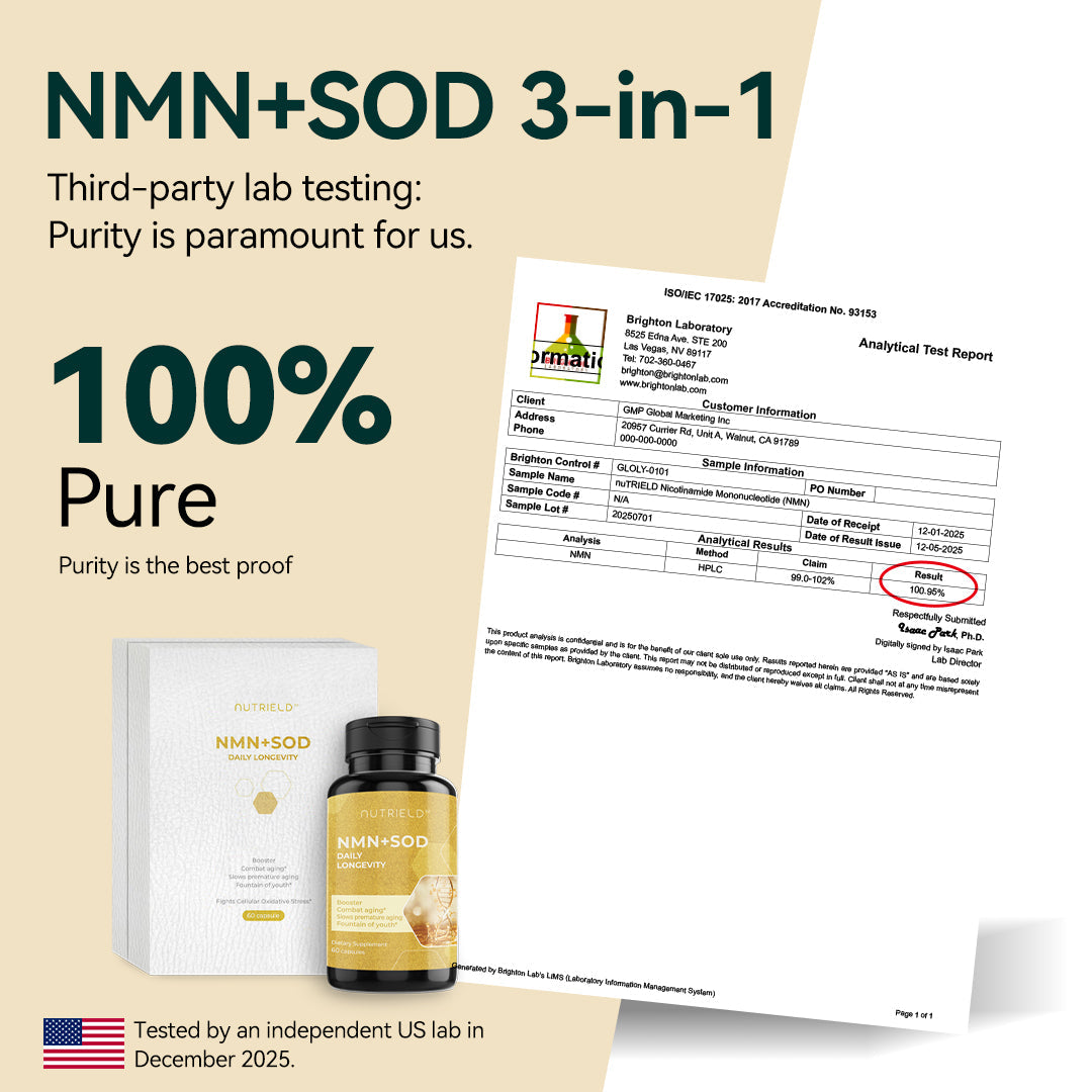 nuTRIELD NMN+SOD 3-in-1 — Yeast-Derived β-NMN, SOD & Pterostilbene
