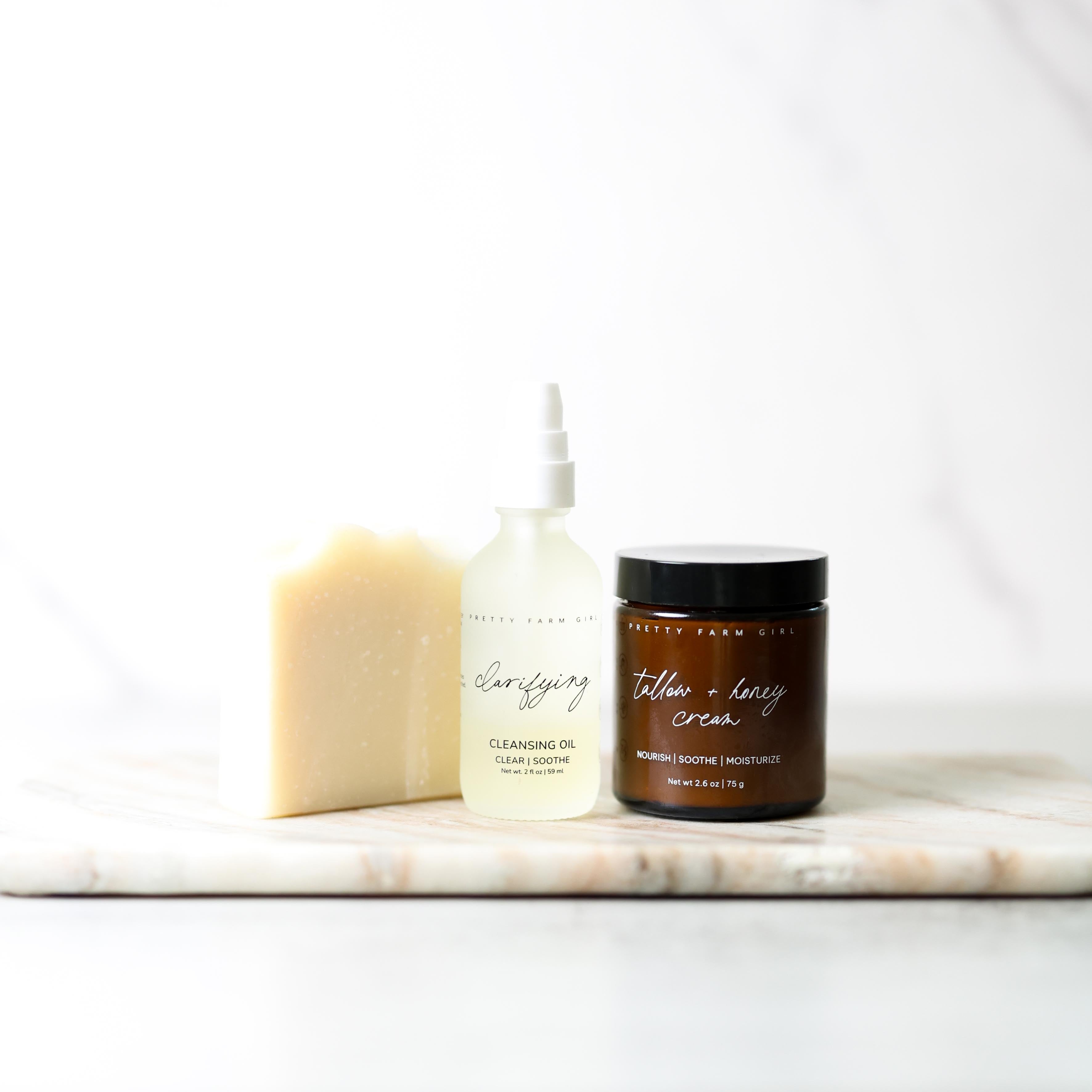 Double Cleansing Kit: Soothing – Tallow Soap, Cleansing Oil & Honey Cream